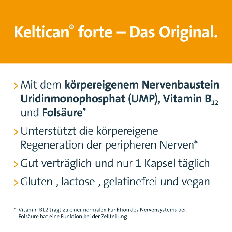 shopapotheke Keltican® forte Kapseln mit Uridinmonophosphat (UMP) Vitamin B12 und Folsäure zur Unterstützung der Nervenregeneration JETZT KAUFEN