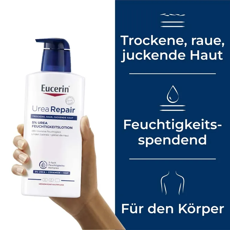shopapotheke Eucerin® UreaRepair 5% Urea Feuchtigkeitslotion – 48h intensive Pflege für trockene bis sehr trockene Haut - Jetzt 20% sparen mit Code "eucerin20" + Eucerin AtopiControl Hydro-Lotion 20ml GRATIS Nur noch ein Tag übrig