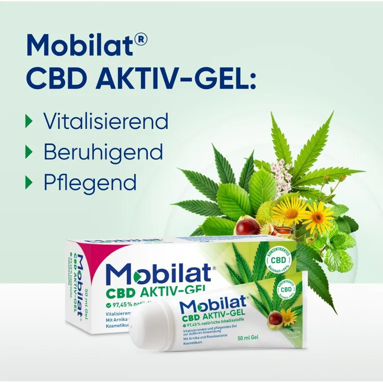 shopapotheke Mobilat® CBD Aktiv-Gel: Vitalisierendes und pflegendes Gel zur Entspannung beanspruchter Körperpartien. Mit hochkonzentriertem CBD (>99% Reinheit) Arnika-Extrakt und Rosskastanien-Extrakt. Kosmetikum Speichern exportieren
