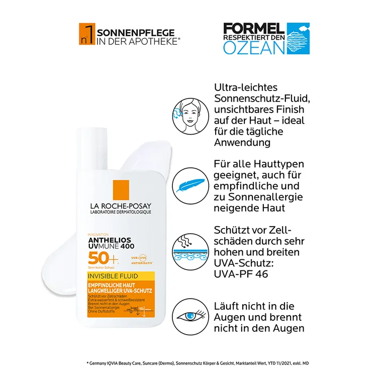 shopapotheke La Roche Posay Anthelios Invisible Fluid UVMune 400 LSF 50+: Sonnencreme für das Gesicht für zu Sonnenallergie neigende und empfindliche Haut Begrenztes Angebot