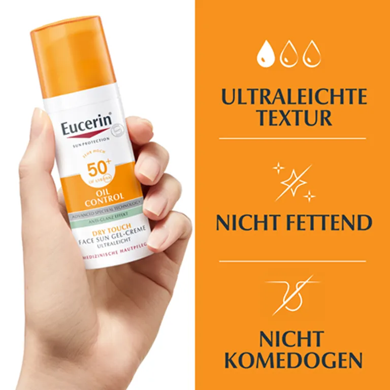 shopapotheke Eucerin® Oil Control Face Sun Gel-Creme LSF 50+ – sehr hoher Sonnenschutz mit 8 Stunden Anti-Glanz Effekt auch für zu Akne neigende Haut - Jetzt 20% sparen mit Code "eucerin20" + Eucerin Oil Control Face LSF50+ Exklusivangebot