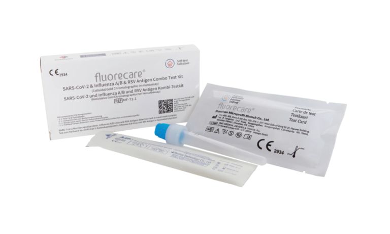 shopapotheke Fluorecare Kombitest SARS-CoV-2 & Influenza A/B & RSV + Gratis BLT Desinfektionsmittel Fabrikverkauf