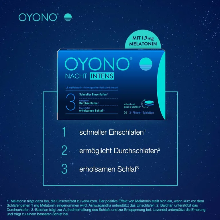 shopapotheke OYONO® Nacht Intens mit 1 9mg Melatonin und Ashwagandha Baldrian Lavendel - Jetzt 10% mit dem Code klosterfrau2025 sparen* Neueste Stile