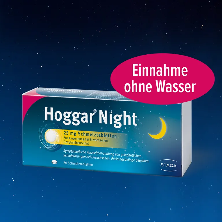 shopapotheke Hoggar® Night 25 mg Schmelztabletten zur praktischen Einnahme ohne Wasser bei akuten Ein- und Durchschlafstörungen Bis zu 60% Rabatt