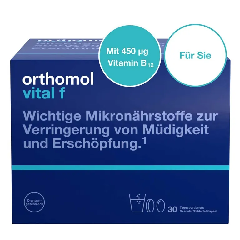 shopapotheke Orthomol Vital f für Frauen - bei Müdigkeit - mit B-Vitaminen Omega-3 und Magnesium - Granulat/Tabletten/Kapseln - Orangen-Geschmack Kostenloser Versand international