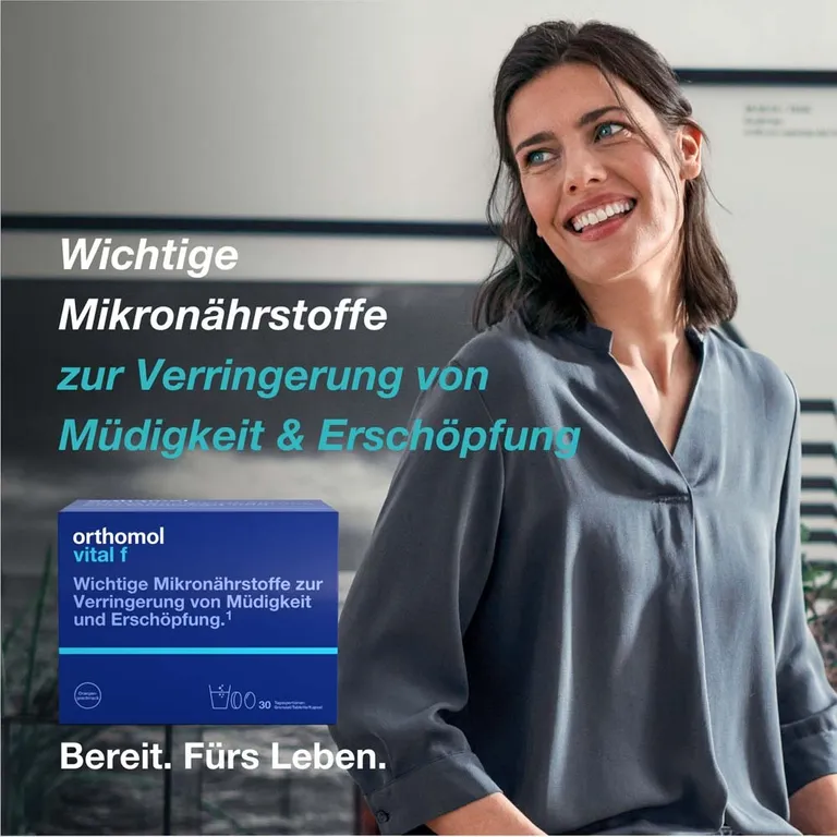 shopapotheke Orthomol Vital f für Frauen - bei Müdigkeit - mit B-Vitaminen Omega-3 und Magnesium - Granulat/Tabletten/Kapseln - Orangen-Geschmack Kostenloser Versand international