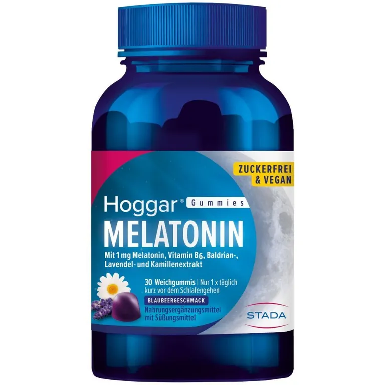 shopapotheke Hoggar® Melatonin Gummies: Angenehm schneller einschlafen. Weichgummis mit Blaubeergeschmack.1 mg Melatonin Vitamin B6 Baldrian- Lavendel- und Kamillenextrakt Angebote