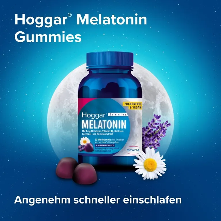 shopapotheke Hoggar® Melatonin Gummies: Angenehm schneller einschlafen. Weichgummis mit Blaubeergeschmack.1 mg Melatonin Vitamin B6 Baldrian- Lavendel- und Kamillenextrakt Angebote