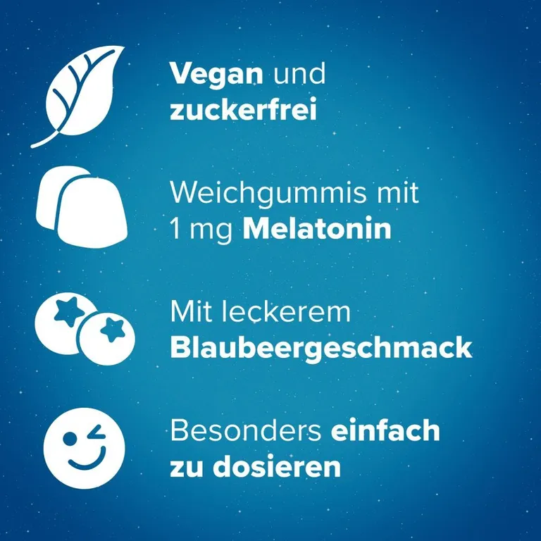 shopapotheke Hoggar® Melatonin Gummies: Angenehm schneller einschlafen. Weichgummis mit Blaubeergeschmack.1 mg Melatonin Vitamin B6 Baldrian- Lavendel- und Kamillenextrakt Angebote