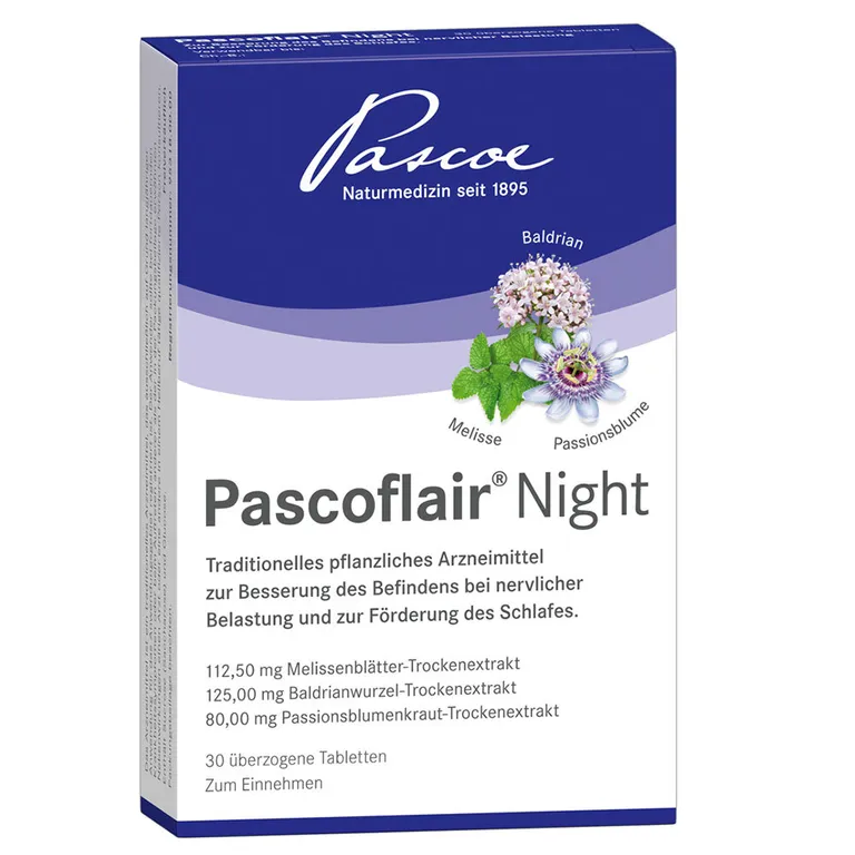 shopapotheke Pascoflair® Night 3-fache Pflanzenkraft aus Baldrian Melisse und Passionsblume für einen erholsamen Schlaf im Angebot