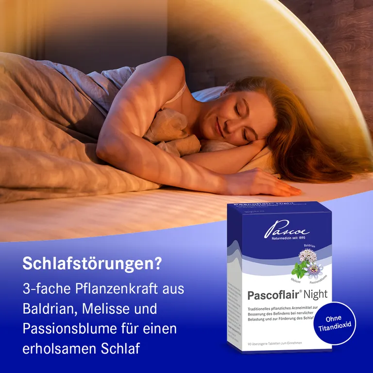 shopapotheke Pascoflair® Night 3-fache Pflanzenkraft aus Baldrian Melisse und Passionsblume für einen erholsamen Schlaf im Angebot