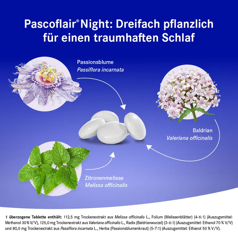shopapotheke Pascoflair® Night 3-fache Pflanzenkraft aus Baldrian Melisse und Passionsblume für einen erholsamen Schlaf im Angebot