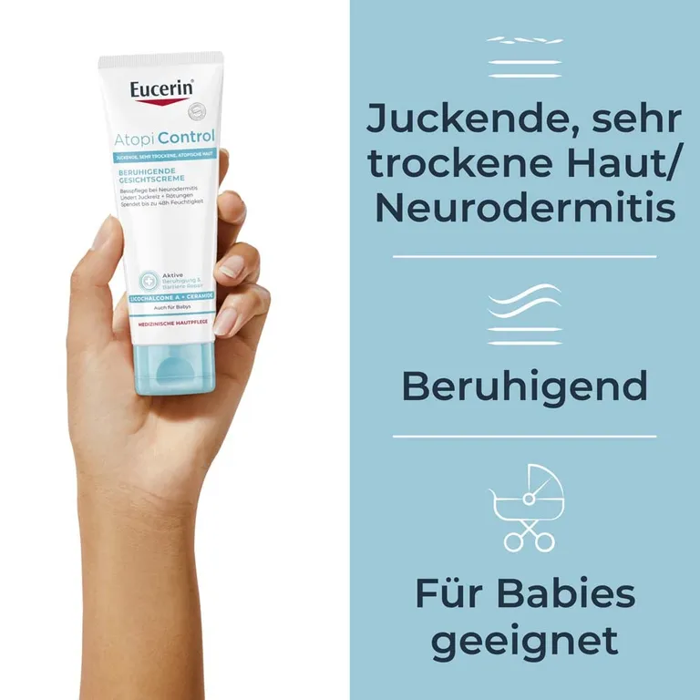 shopapotheke Eucerin® AtopiControl Beruhigende Gesichtscreme – Feuchtigkeitsspendende Pflege für trockene Gesichtshaut - Jetzt 20% sparen mit Code "eucerin20" + Eucerin AtopiControl Hydro-Lotion 20ml GRATIS JETZT KAUFEN