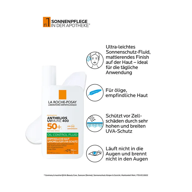 shopapotheke La Roche Posay Anthelios UVMUNE 400 Oil Control Fluid Sonnenschutz für empfindliche Haut mit sehr hohem UV-Schutz LSF 50+. Für ölige Haut geeignet - Jetzt 20% sparen mit Code "dermo20" Zeitbegrenzte Promotion