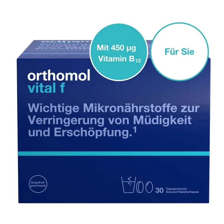 shopapotheke Orthomol Vital f für Frauen - bei Müdigkeit - mit B-Vitaminen Omega-3 Magnesium - Granulat/Tabletten/Kapseln - Grapefruit-Geschmack Cyber Monday