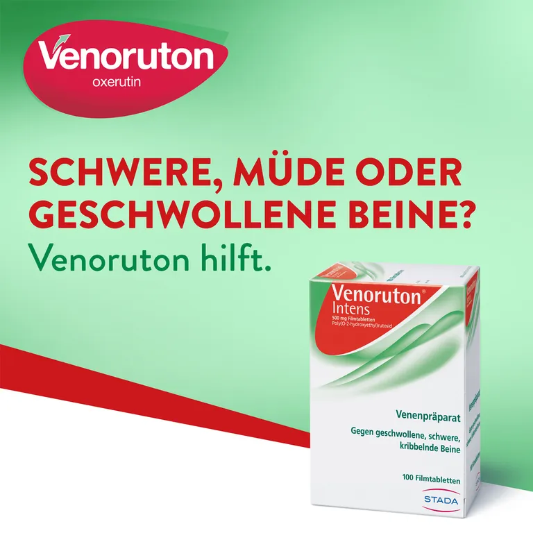 shopapotheke VENORUTON® Intens zur Behandlung von Beinschwellungen (Ödemen) und Linderung bei schweren müden Beinen Spannungsgefühlen und Kribbeln bei chronischer Veneninsuffizienz. Wirkstoff: Oxerutin Kauf eins, bekomm eins gratis