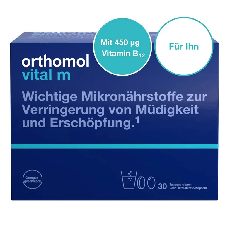 shopapotheke Orthomol Vital m für Männer - bei Müdigkeit - mit B-Vitaminen und Omega-3 - Granulat/Tabletten/Kapseln - Orangen-Geschmack Riesige Rabatte