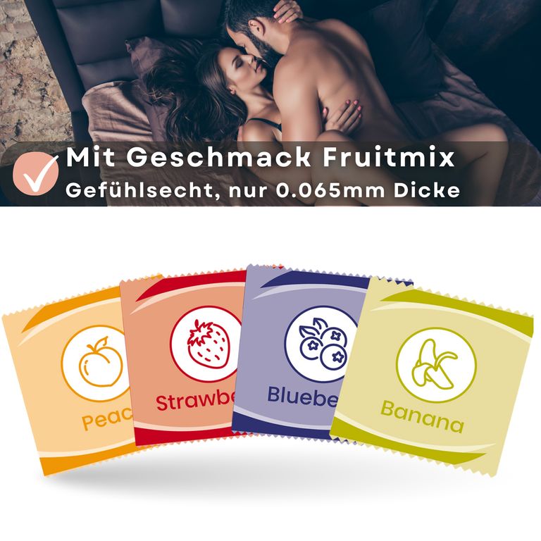 shopapotheke Lovelyness - Kondome mit Geschmack Erdbeere Banane Pfirsich Blaubeere Exklusivangebot