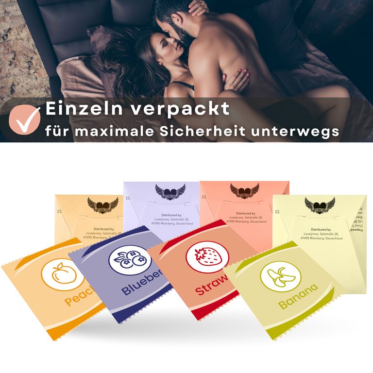 shopapotheke Lovelyness - Kondome mit Geschmack Erdbeere Banane Pfirsich Blaubeere Exklusivangebot