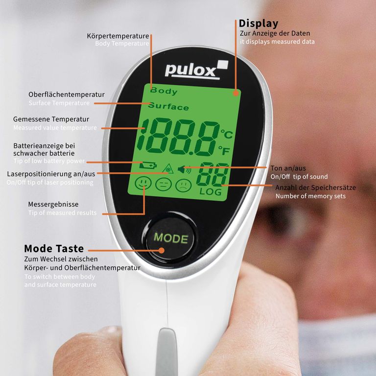 shopapotheke Pulox 2-in-1 Infrarot Fieberthermometer und Oberflächenthermometer Speichern exportieren