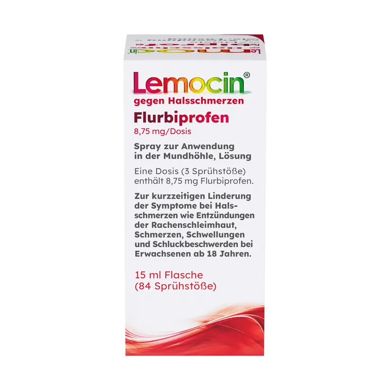 shopapotheke Lemocin® Flurbiprofen Spray gegen Halsschmerzen – schmerzlindernd & entzündungshemmend bis zu 6 Stunden angenehmer Kirsch-Minz-Geschmack – für Erwachsene ab 18 Jahren Begrenzt auf 3 Tage